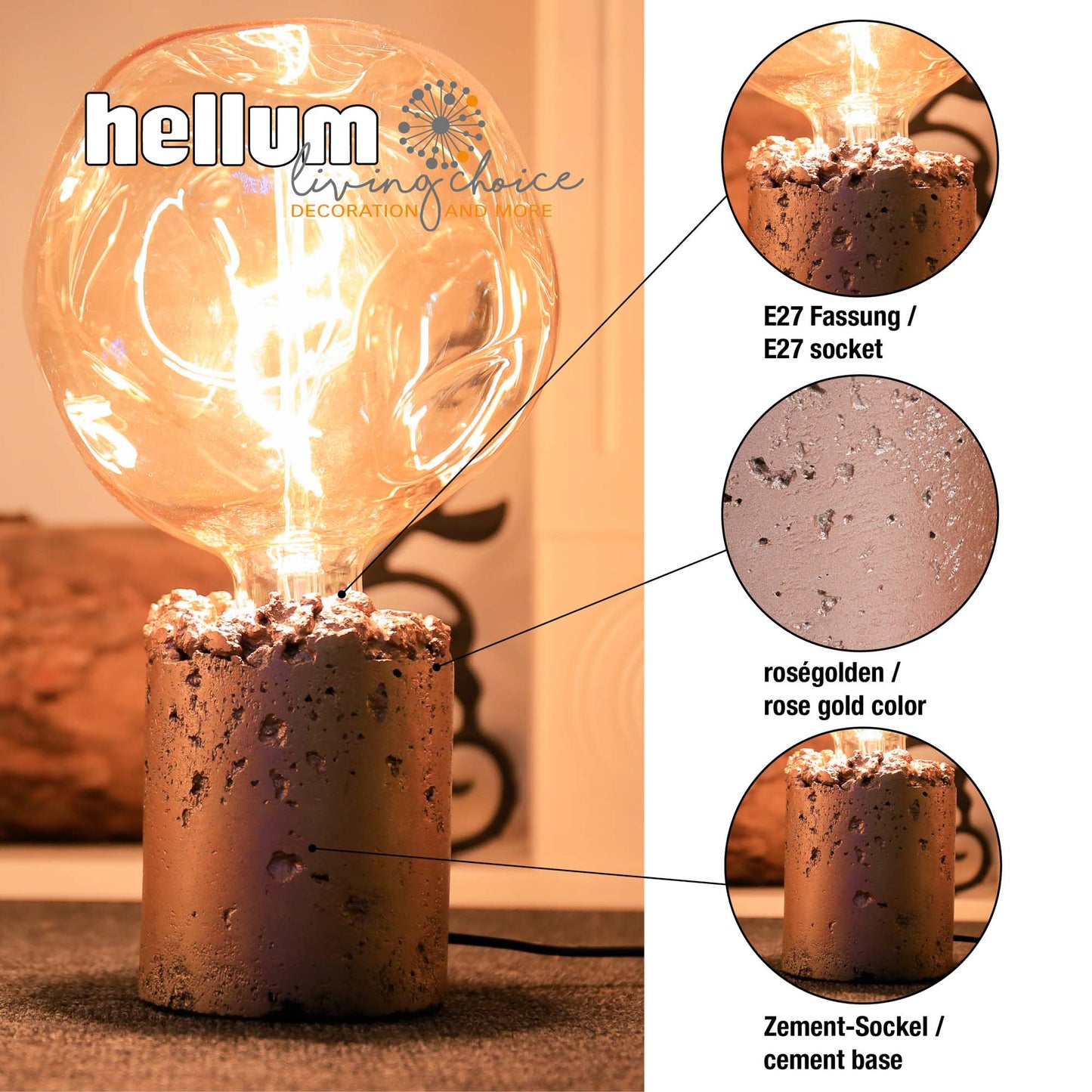 Zement-Sockel für E27 Lampen, rose-goldf.1,5m Zuleitung, AN/AUS-Schalter, ohne Leuchtmittel