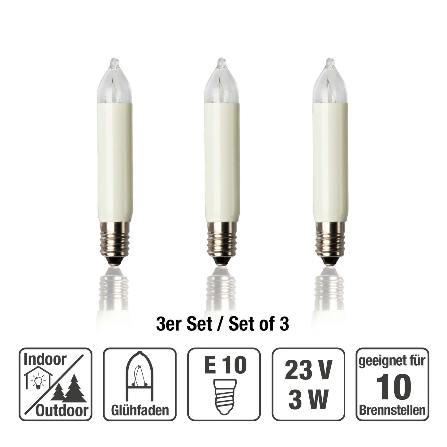Ersatzkerzen Lichterkette 23V 3W für Lichterketten & Schwibbogen, 3 Stk Kleinschaftkerzen E10 für 10 Brennstellen innen & außen 938036