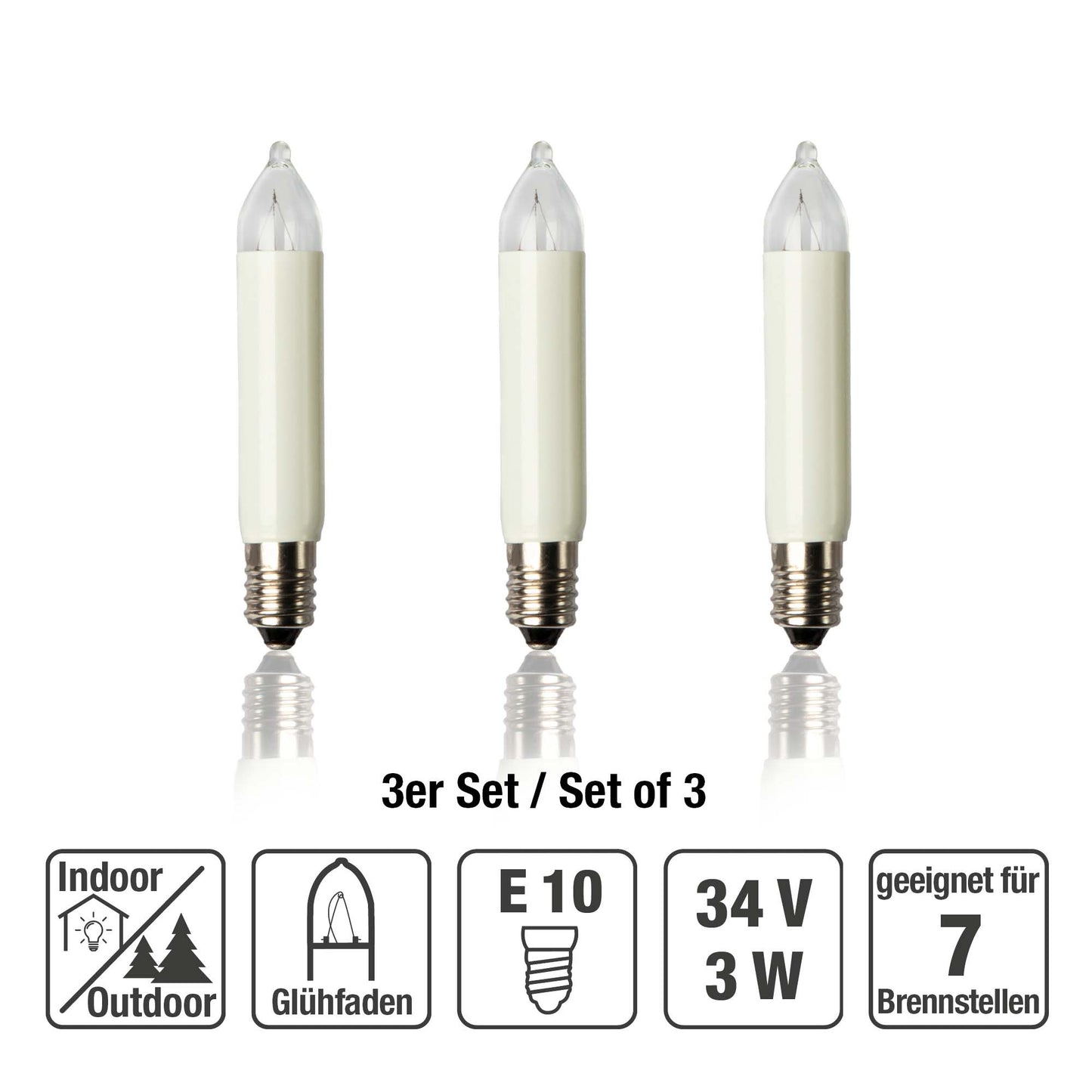 Ersatzkerzen Lichterkette 34V 3W für Lichterketten & Schwibbogen, 3 Stk Kleinschaftkerzen E10 für 7 Brennstellen innen & außen 939033