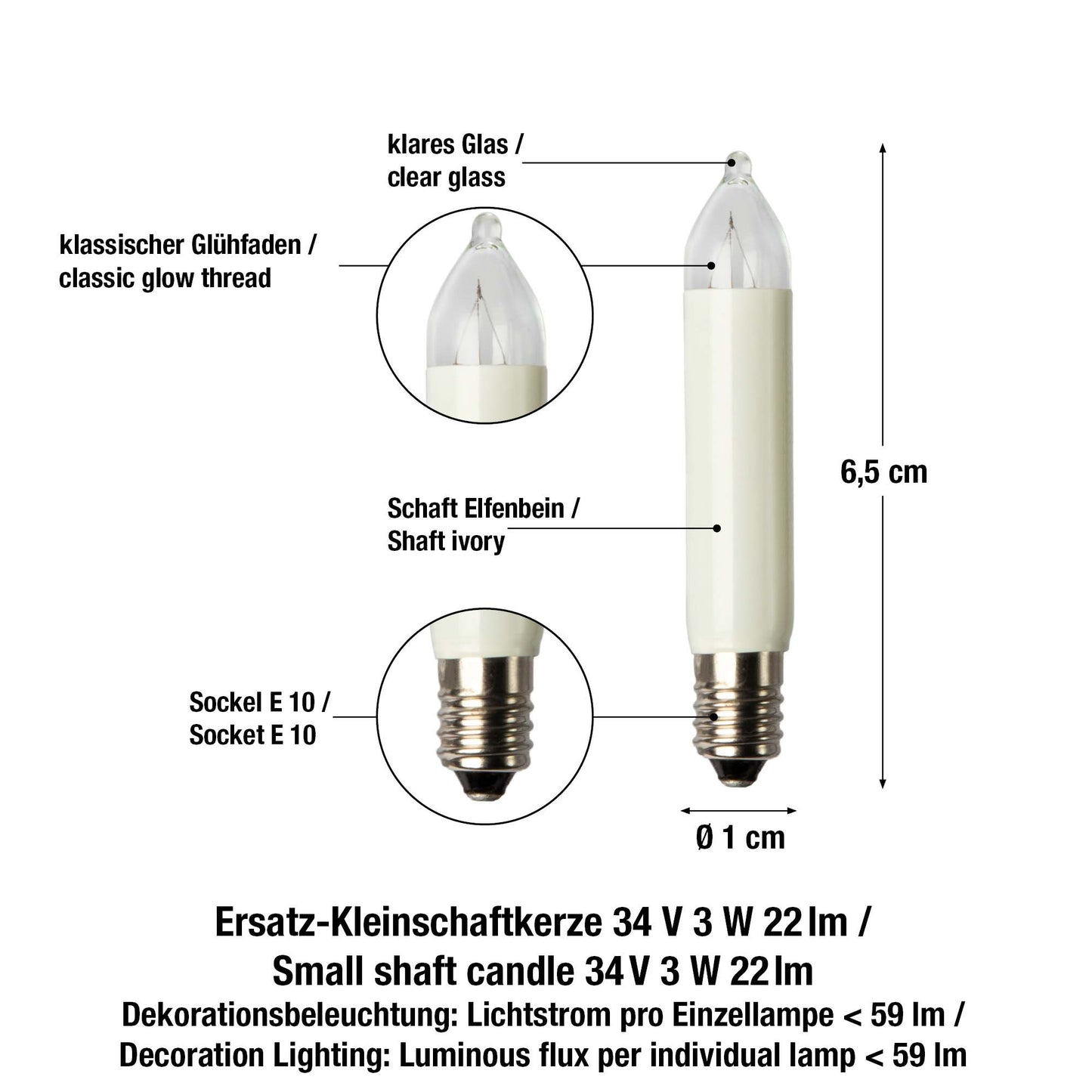 Ersatzkerzen Lichterkette 34V 3W für Lichterketten & Schwibbogen, 3 Stk Kleinschaftkerzen E10 für 7 Brennstellen innen & außen 939033