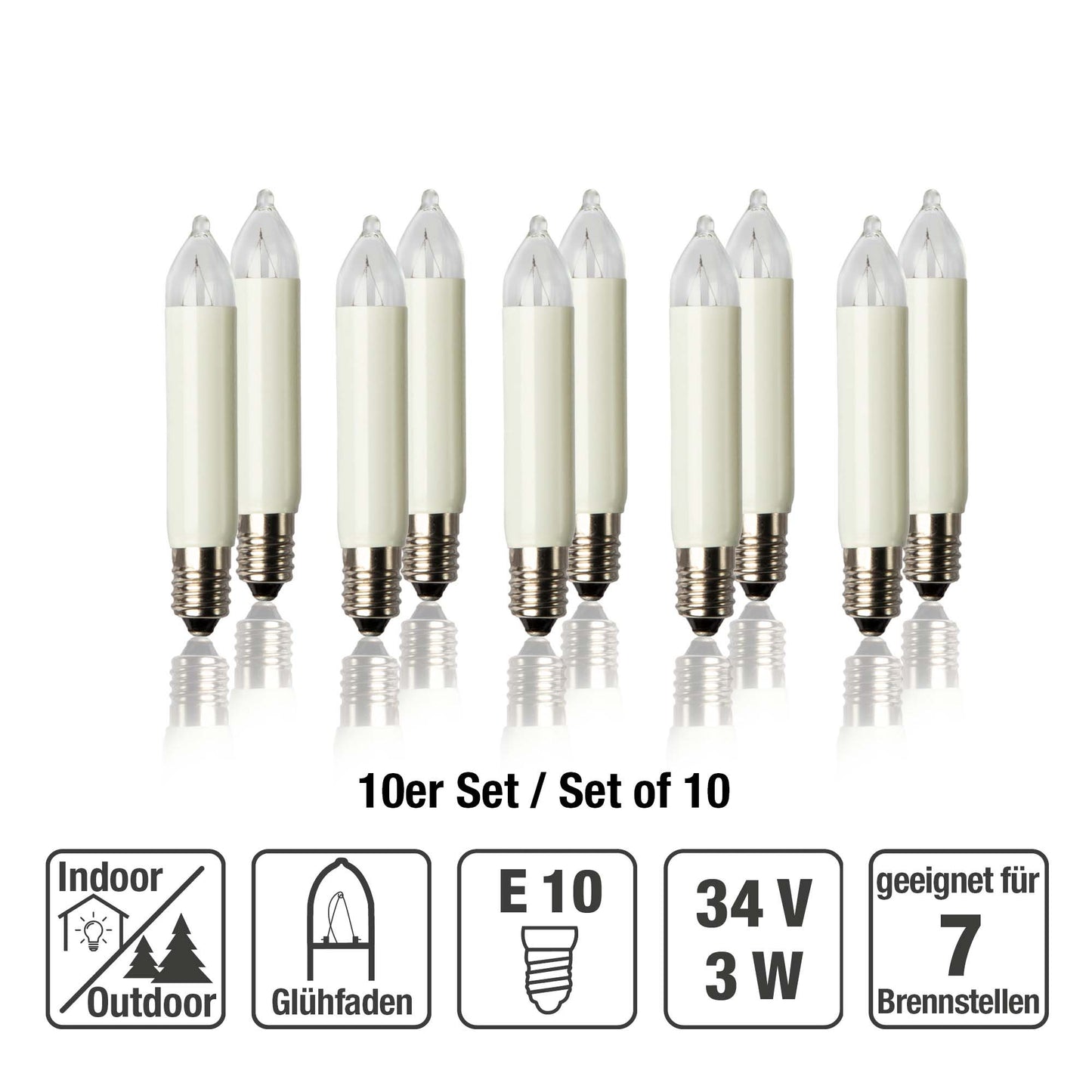 Ersatzkerzen Lichterkette 34V 3W für Lichterketten & Schwibbogen, 10 Stk Kleinschaftkerzen E10 für 7 Brennstellen innen & außen 939040