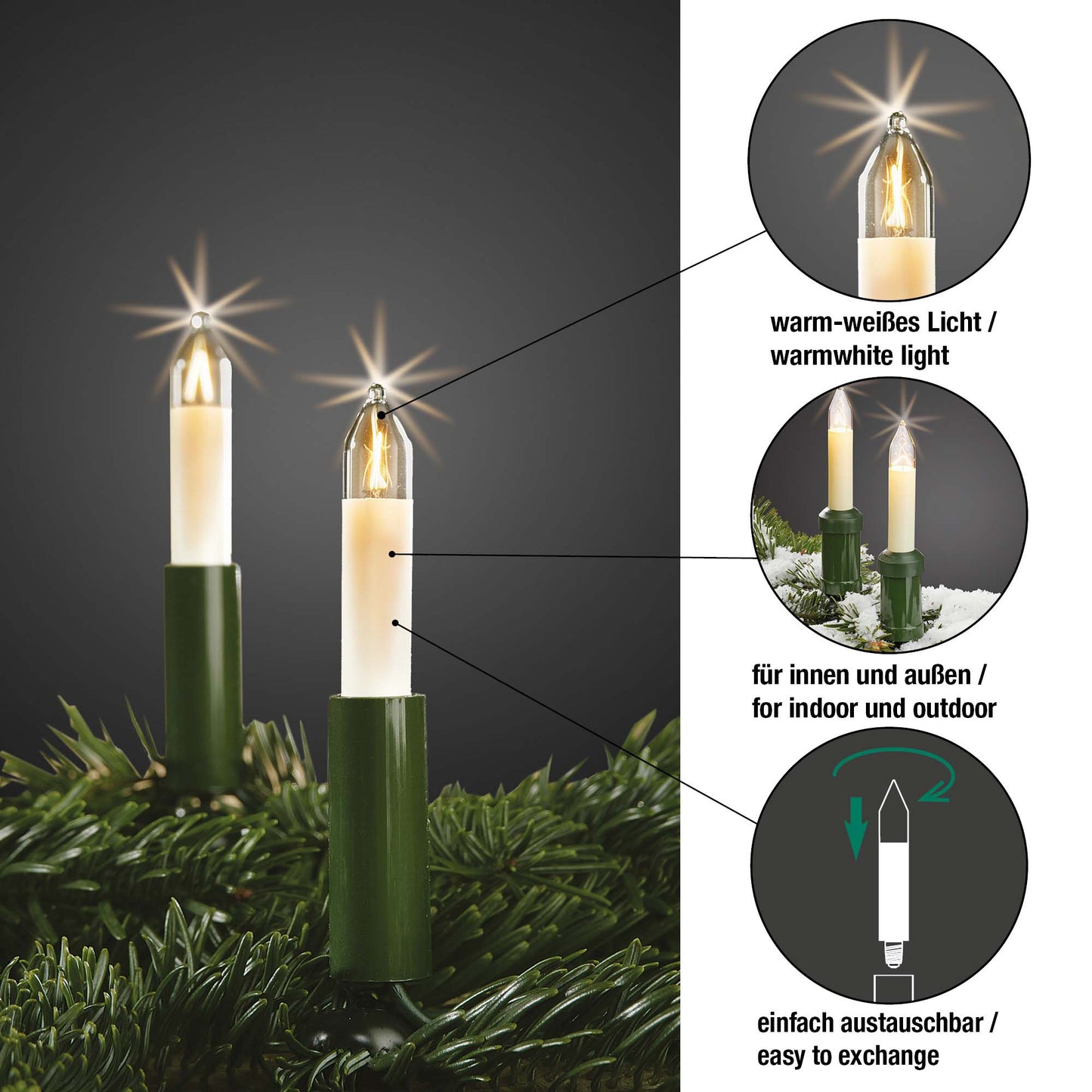 Ersatzkerzen Lichterkette 34V 3W für Lichterketten & Schwibbogen, 10 Stk Kleinschaftkerzen E10 für 7 Brennstellen innen & außen 939040