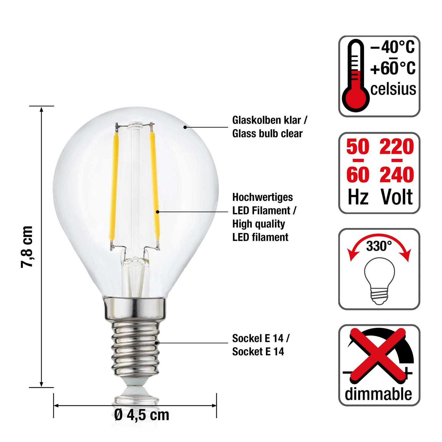 LED-Tropfenlampe G45, E14, 2,2W, Glas klar, 250 lm_208122