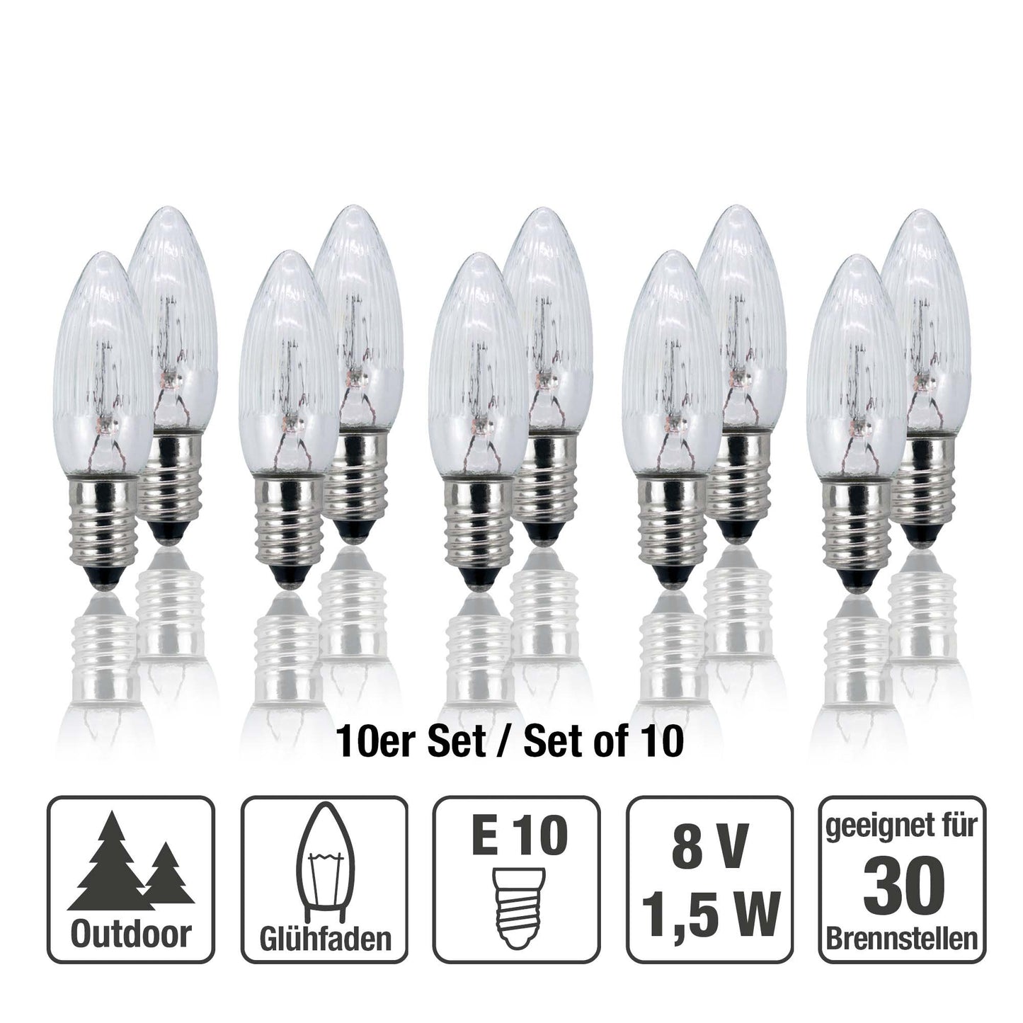 Ersatzkerzen Lichterkette 8V 1,5W für Lichterketten & Schwibbogen, 10 Stk Riffelkerzen E10 für 30 Brennstellen innen & außen 950007