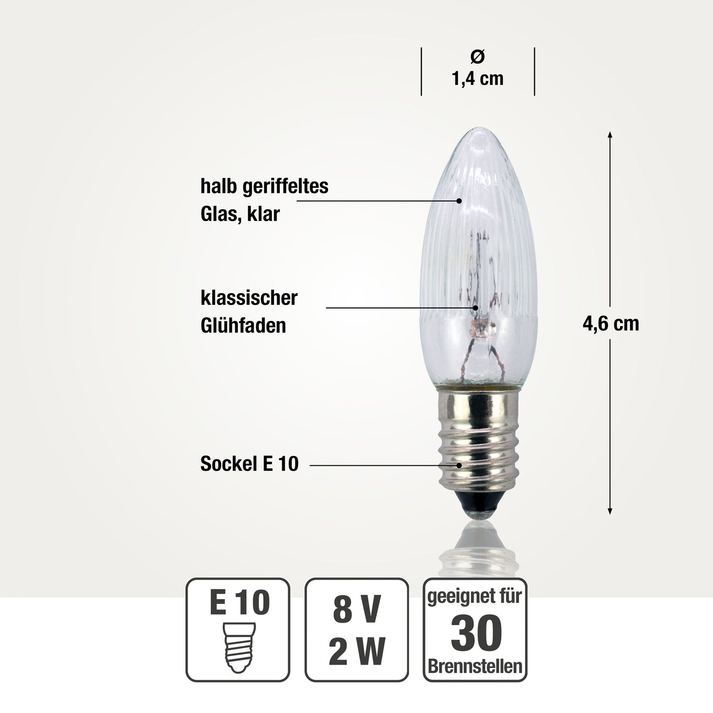 Ersatzkerzen Lichterkette 8V 2W für Lichterketten & Schwibbogen, 10 Stk Riffelkerzen E10 für 30 Brennstellen innen & außen 950014