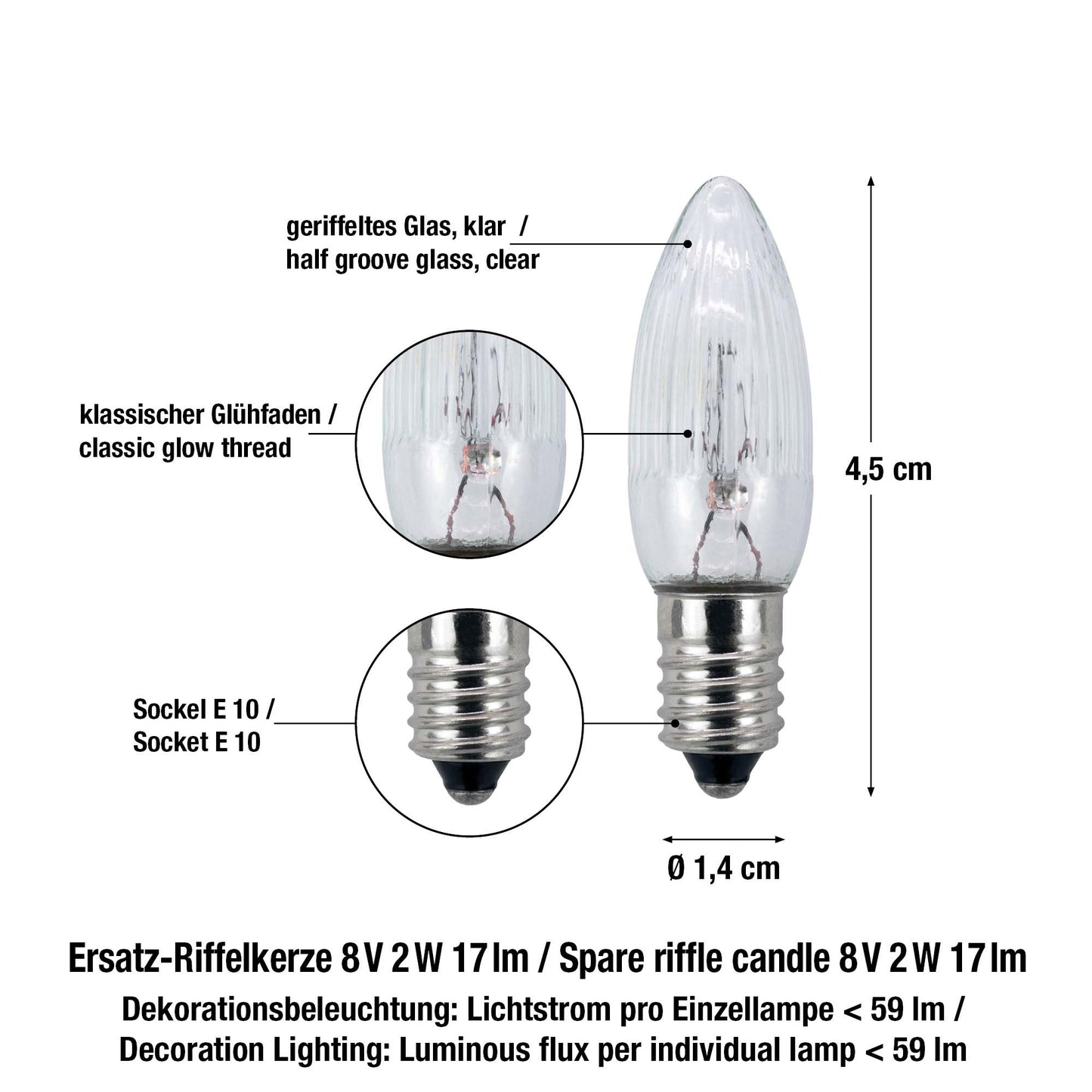 Ersatzkerzen Lichterkette 8V 2W für Lichterketten & Schwibbogen, 10 Stk Riffelkerzen E10 für 30 Brennstellen innen & außen 950014