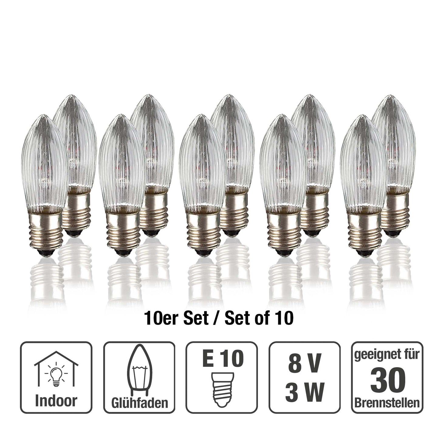 Ersatzkerzen Lichterkette 8V 3W für Lichterketten & Schwibbogen, 10 Stk Riffelkerzen E10 für 30 Brennstellen innen 950021