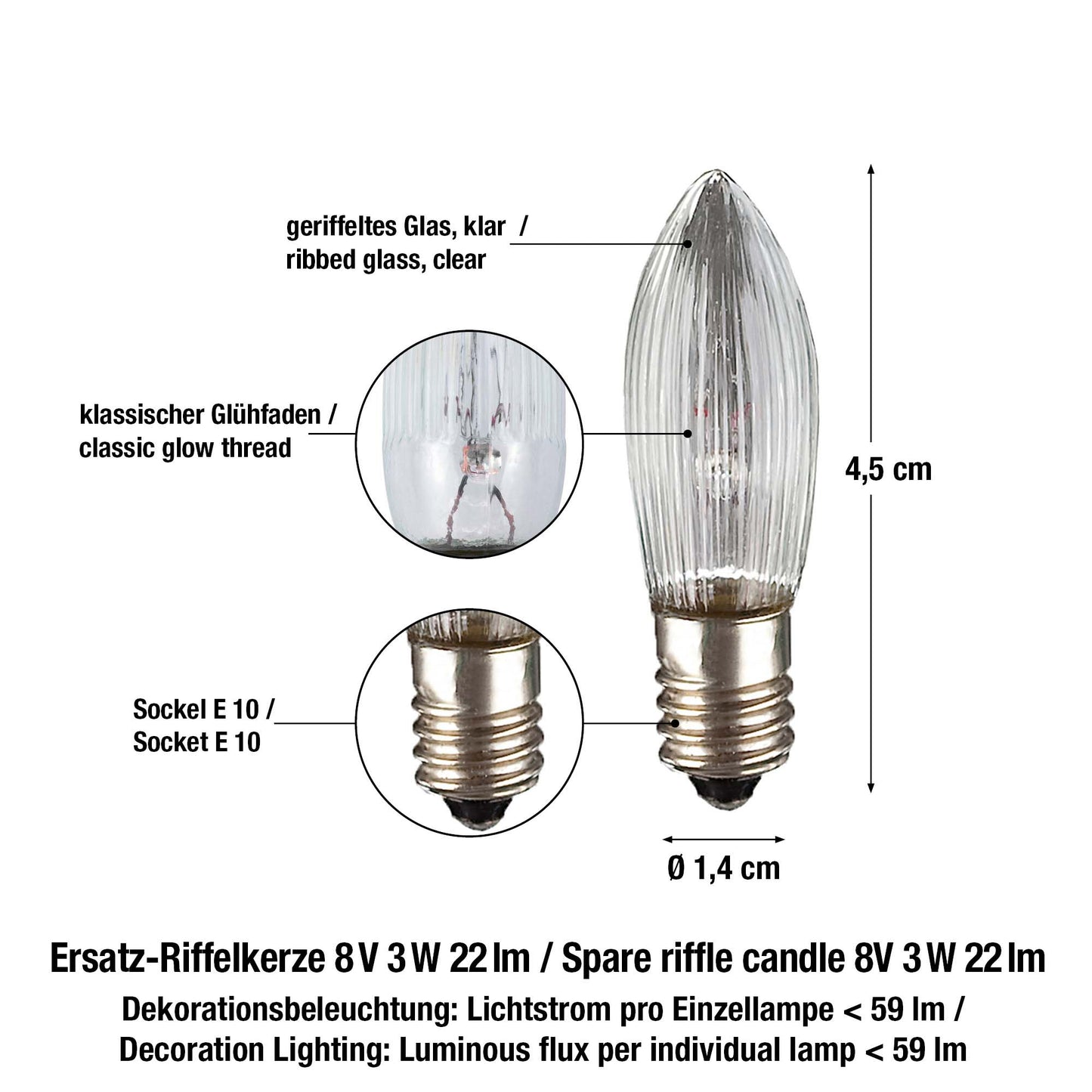 Ersatzkerzen Lichterkette 8V 3W für Lichterketten & Schwibbogen, 10 Stk Riffelkerzen E10 für 30 Brennstellen innen 950021