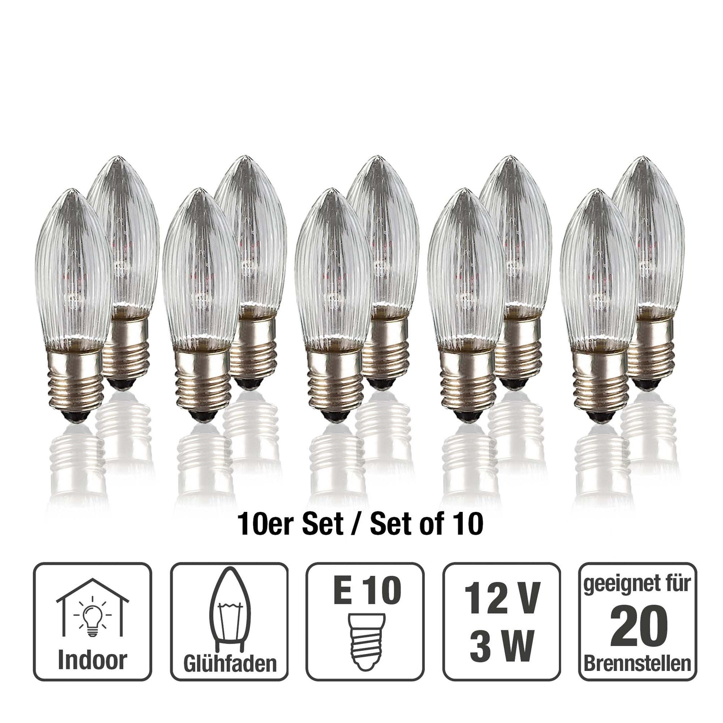 Ersatzkerzen Lichterkette 12V 3W für Lichterketten & Schwibbogen, 10 Stk Riffelkerzen E10 für 20 Brennstellen innen 950045