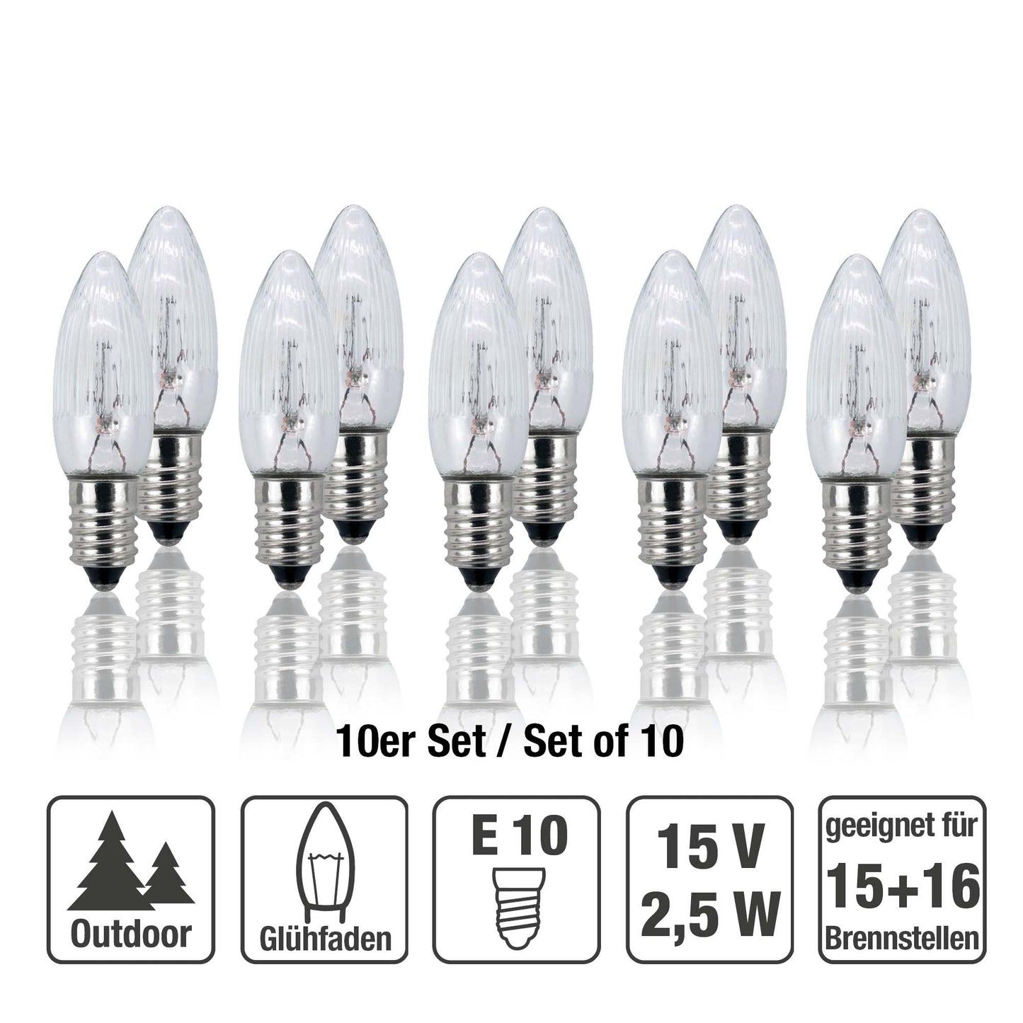 Ersatzkerzen Lichterkette 15V 2,5W für Lichterketten & Schwibbogen, 10 Stk Riffelkerzen E10 für 15/16 Brennstellen innen & außen 950052