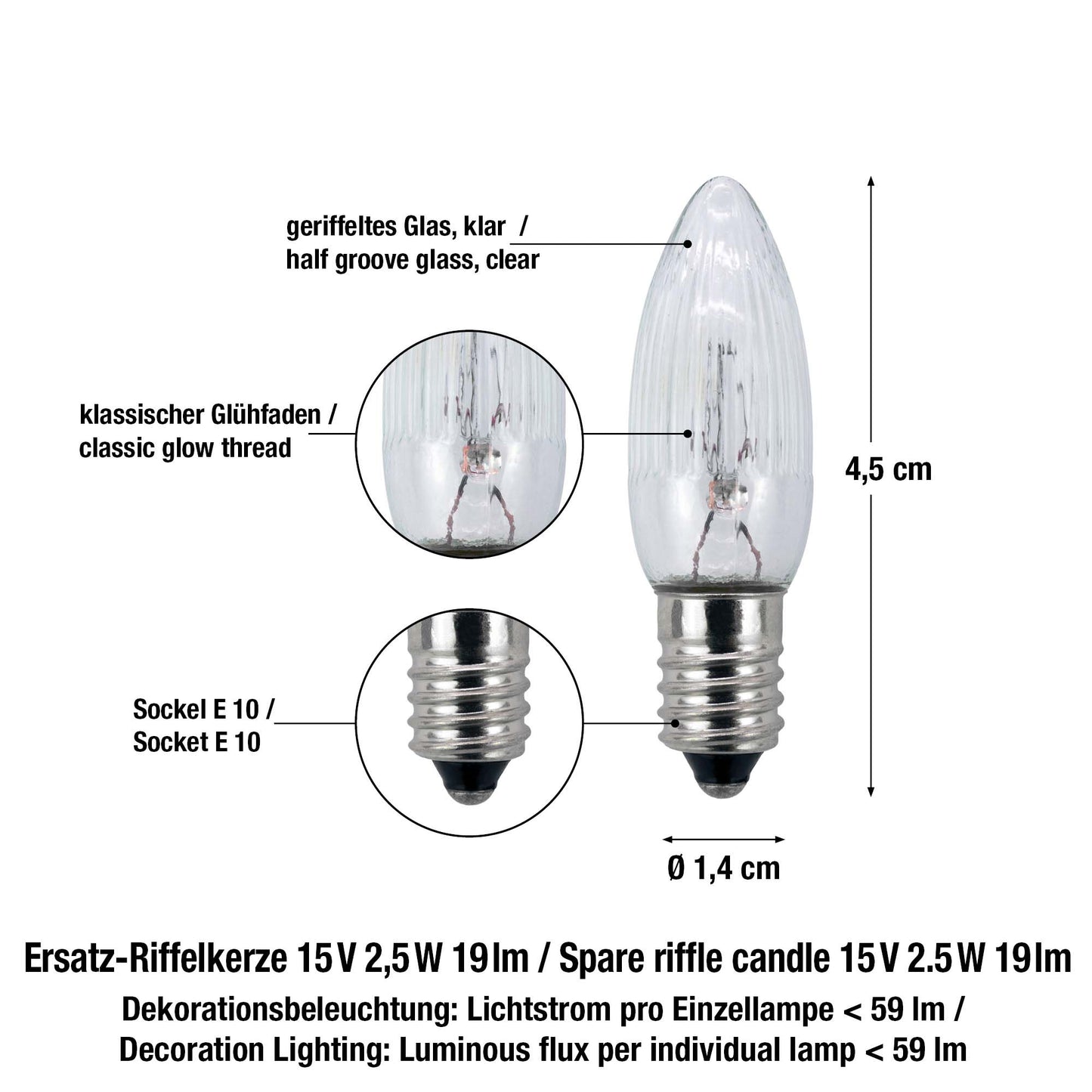 Ersatzkerzen Lichterkette 15V 2,5W für Lichterketten & Schwibbogen, 10 Stk Riffelkerzen E10 für 15/16 Brennstellen innen & außen 950052