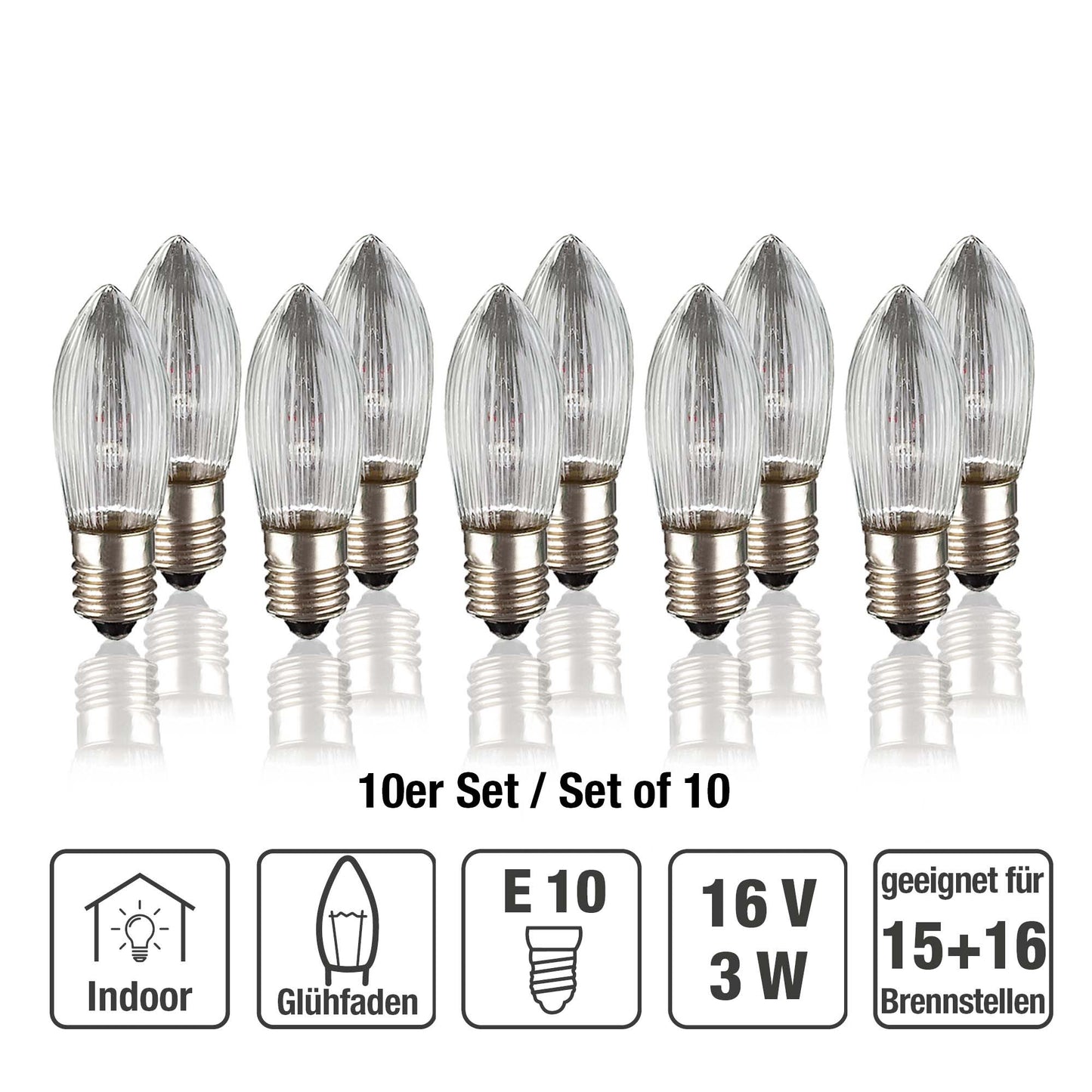 Ersatzkerzen Lichterkette 16V 3W für Lichterketten & Schwibbogen, 10 Stk Riffelkerzen E10 für 15 Brennstellen innen 950069