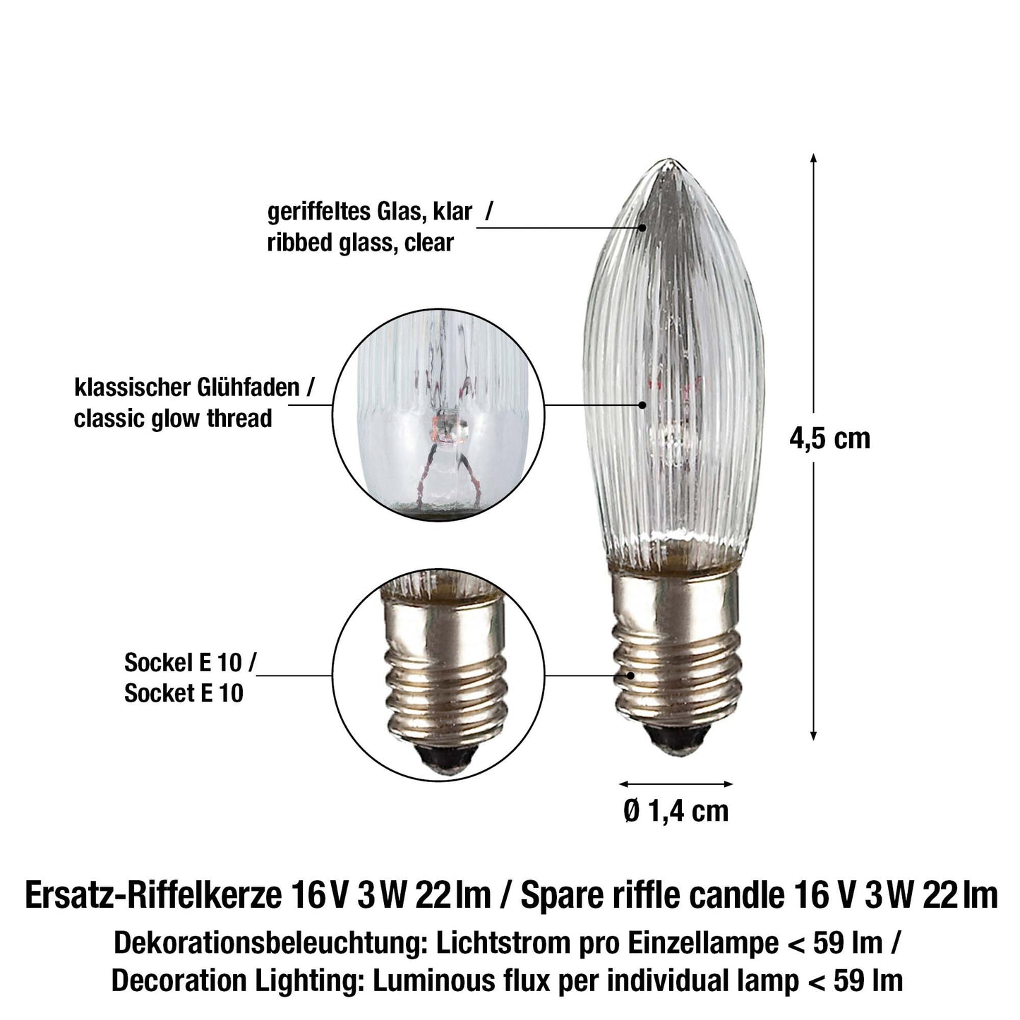 Ersatzkerzen Lichterkette 16V 3W für Lichterketten & Schwibbogen, 10 Stk Riffelkerzen E10 für 15 Brennstellen innen 950069