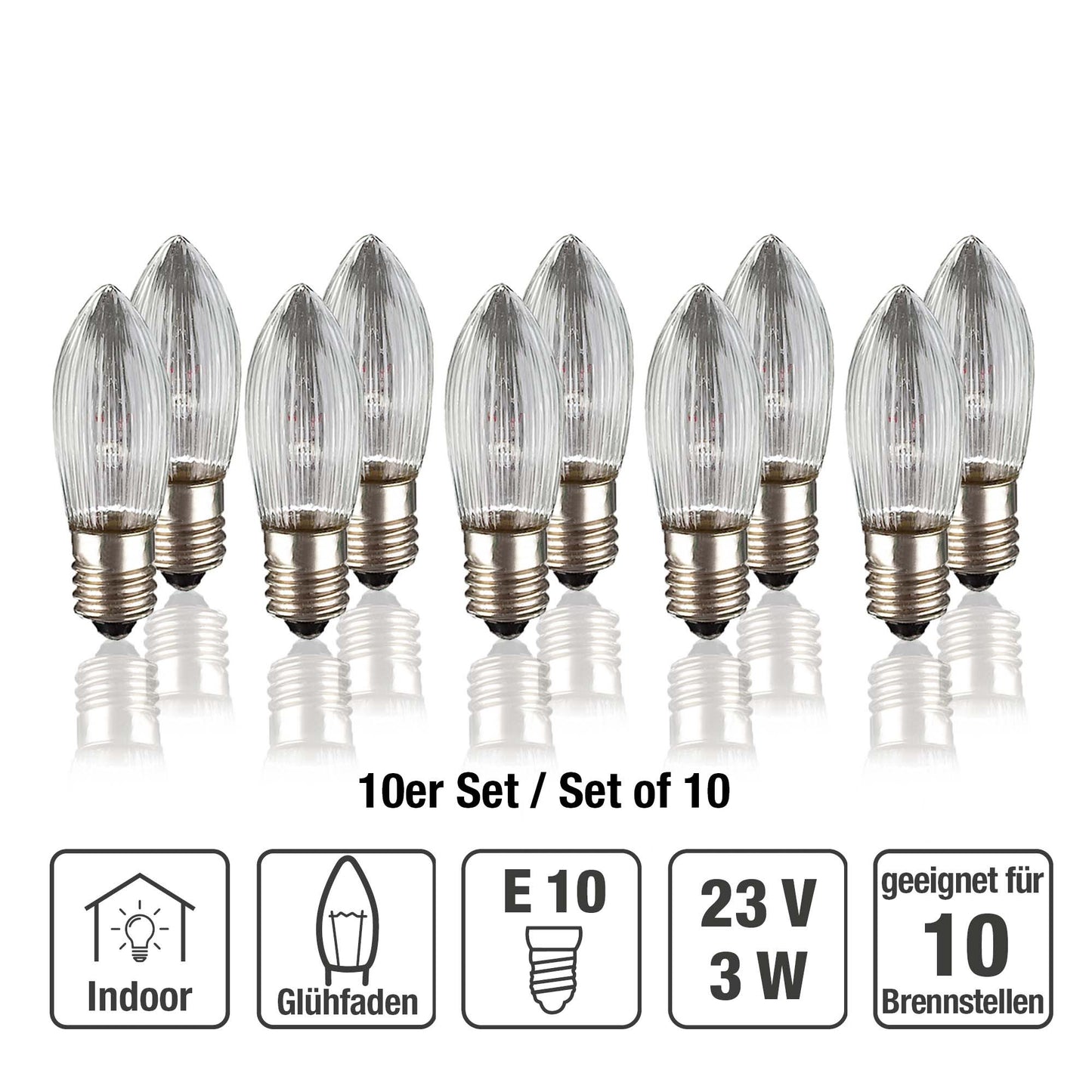 Ersatzkerzen Lichterkette 23V 3W für Lichterketten & Schwibbogen, 10 Stk Riffelkerzen E10 für 10 Brennstellen innen 950076