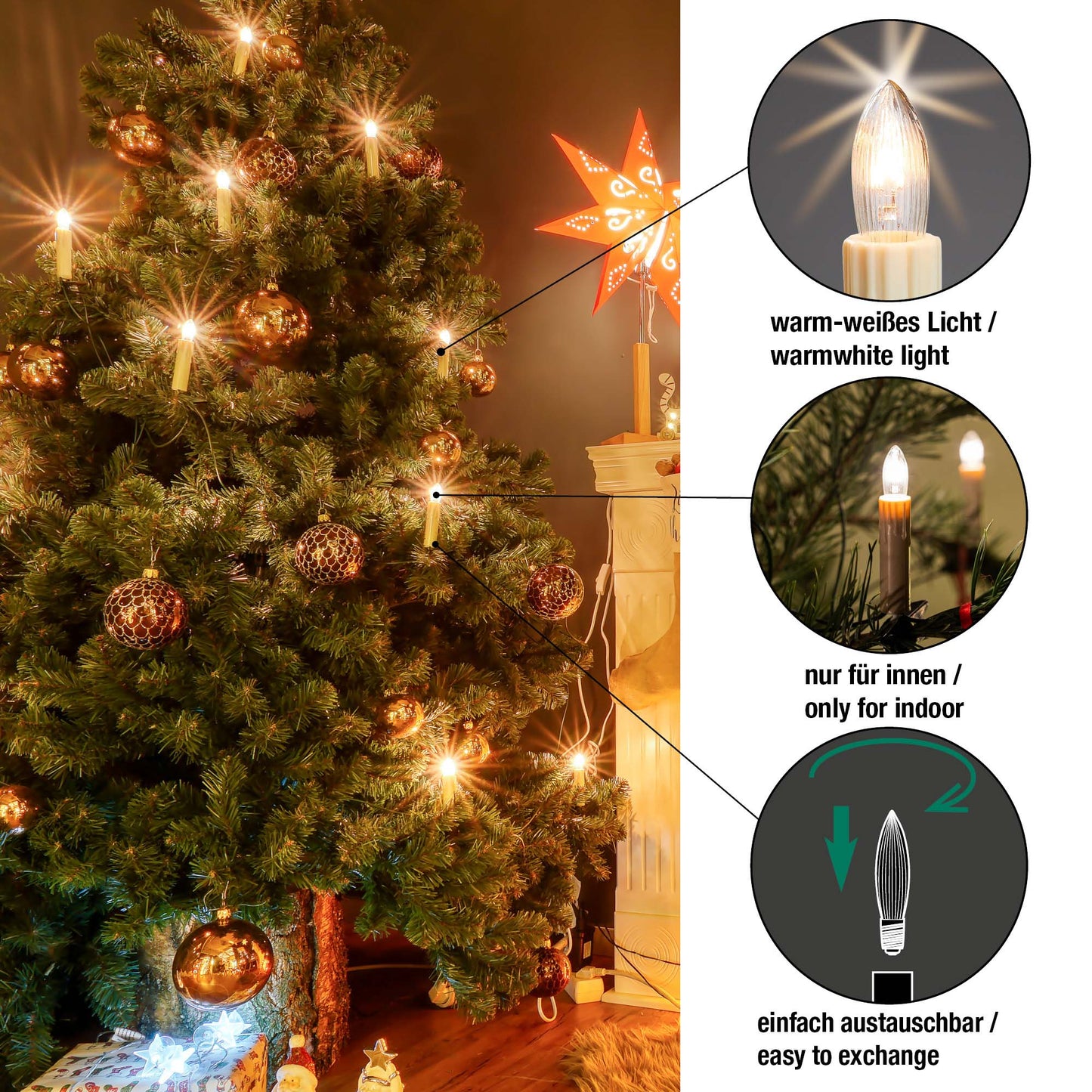 Ersatzkerzen Lichterkette 23V 3W für Lichterketten & Schwibbogen, 10 Stk Riffelkerzen E10 für 10 Brennstellen innen 950076
