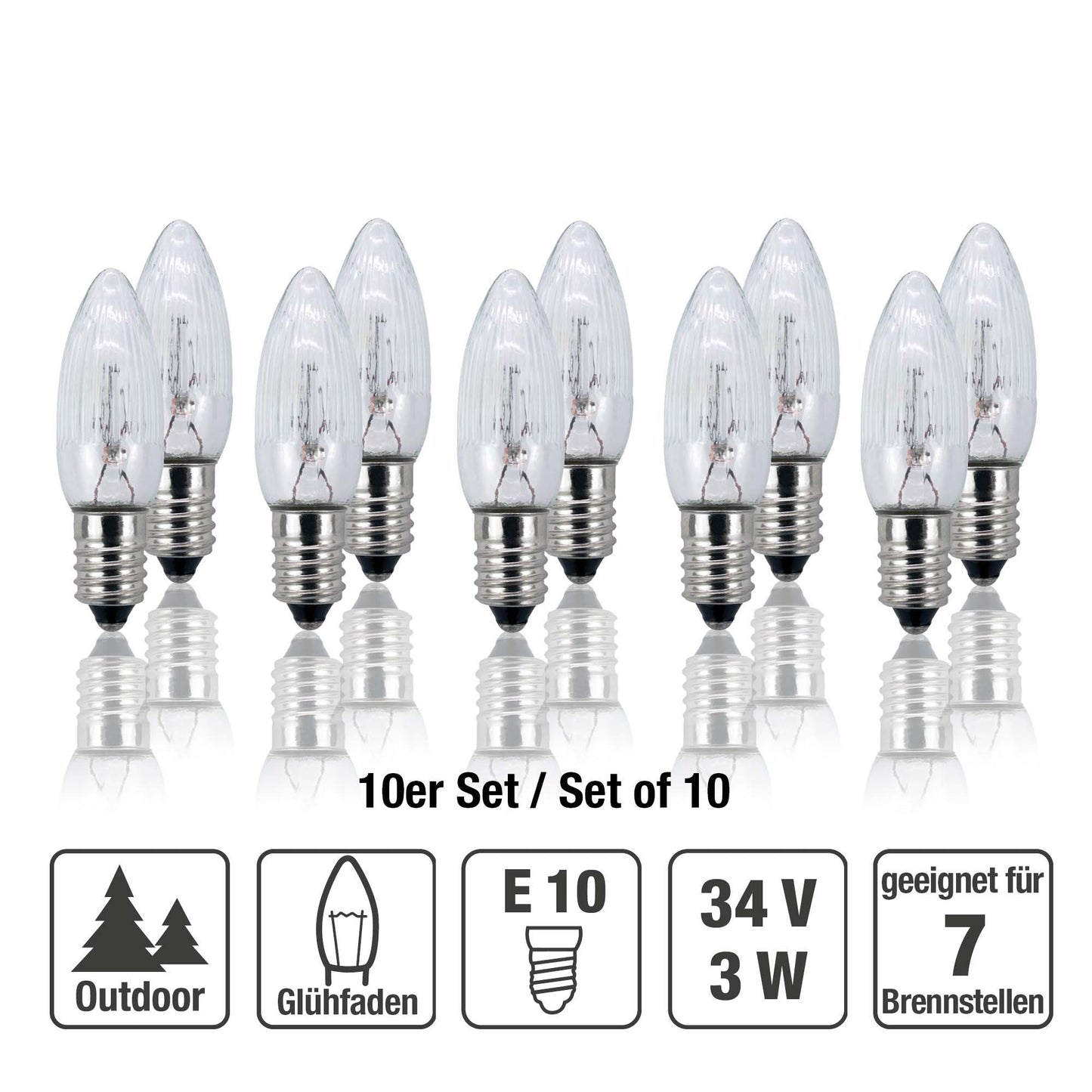 Ersatzkerzen Lichterkette 34V 3W für Lichterketten & Schwibbogen, 10 Stk Riffelkerzen E10 für 7 Brennstellen innen 950083
