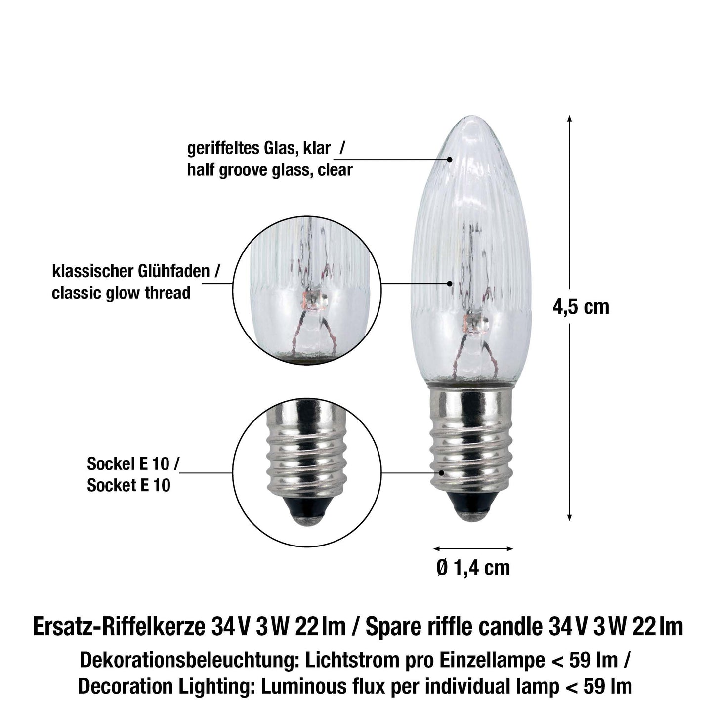 Ersatzkerzen Lichterkette 34V 3W für Lichterketten & Schwibbogen, 10 Stk Riffelkerzen E10 für 7 Brennstellen innen 950083
