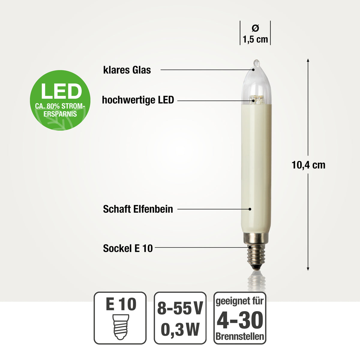 Ersatzkerzen Lichterkette LED 8-55V 0,1-0,3W für Lichterketten & Schwibbogen, 3 Stk Schaftkerzen E10 für 4-30 Brennstellen innen & außen 955026