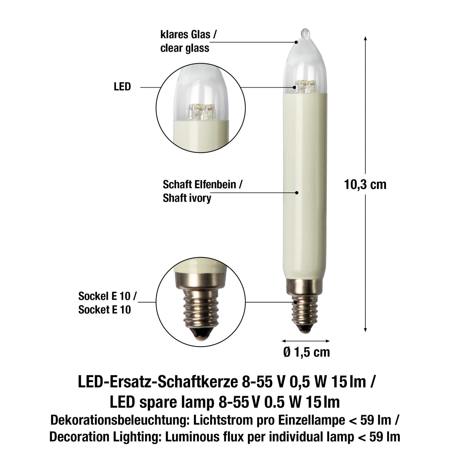 LED-Schaftkerze,  8-55 V, 0,1-0,3 W,  3er Blister